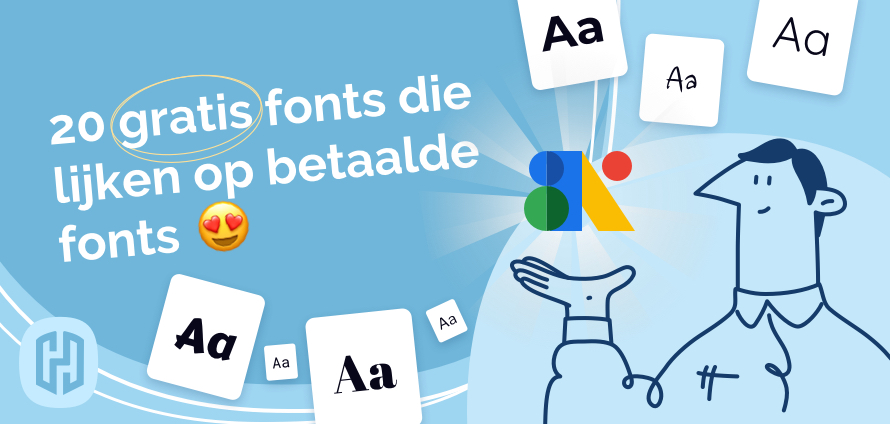 Tekst: 20 gratis fonts voor commercieel gebruik die lijken op betaalde fonts. Afbeelding: Verschillende gratis lettertypes en het logo van Google Fonts