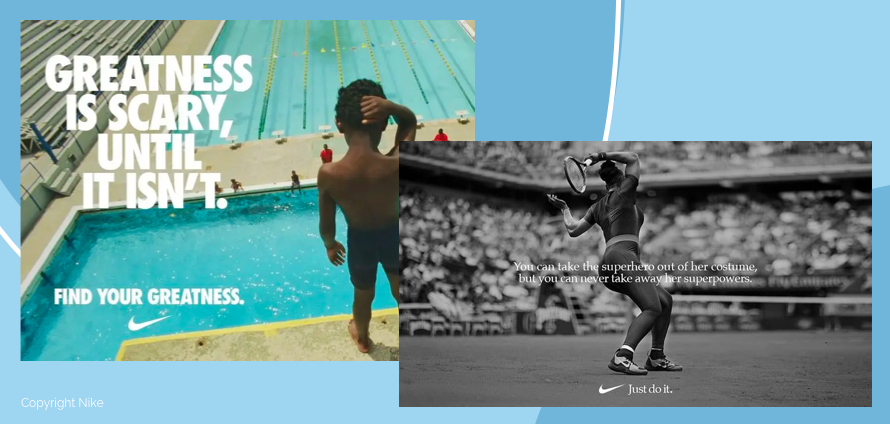 Voorbeeld van Nike reclame: 1 afbeelding met kleuren en dikgedrukte letters. 1 afbeelding in zwart wit met een subtiel lettertype.